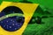 Brazil flag double exposure to coffee. Agriculture concept farm field coffee sprouts beans. Space for text