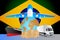 Brazil logistics concept illustration. National flag of Brazil from the back of globe, airplane, truck and cargo container ship