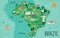 Brazil map hand drawn vector illustration. South America country cultural symbols, tourist attractions. Fauna and flora