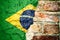 Brazil national flag painted cracked divided peeling pain brick wall cement facade background. Political economical crisis concept