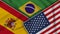 Brazil United States of America Spain Flags Together Fabric Texture Illustration