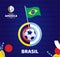 Brazil wave flag on pole and soccer ball. South America Football 2021 Argentina Colombia vector illustration. Tournament pattern