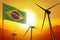 Brazil wind energy, alternative energy environment concept with wind turbines and flag on sunset industrial illustration -