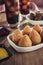 Brazilian appetiser deep fried coxinha de frango, kibbe and two glass of soft drink