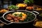 Brazilian Banquet: Feijoada, Acarajés, Bobó and Cocada on a rustic table, surrounded by foliage., generative IA