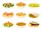 Brazilian Dishes or Main Courses Served on Plates Side View Vector Illustrations Set