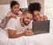 Brazilian family, laptop and girl bonding in house, home or hotel bedroom for movie streaming, zoom video call or social