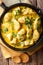 Brazilian food: coconut chicken in a spicy cream sauce close-up. Vertical top view