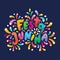 Brazilian lettering text Festa Junina illustration. Festive Vector card. Flashes, fireworks Feast logo in colorful frame