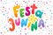 Brazilian lettering text Festa Junina illustration. Festive Vector card. Flashes, fireworks Feast logo in colorful frame