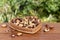 Brazilian nut, known as `Castanha do Para` in a heart-shaped basket on a wooden table with an unfocused garden background.