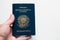 Brazilian passport. Written `Mercosul. Federative Republic of Brazil. Passport` in Portuguese.