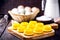 Brazilian quindim is a sweet made from egg yolk, sugar and grated coconut. Corresponds to the Portuguese recipe known as brisa-do-