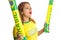 Brazilian woman fan celebrating on football match on white background. Brazil colors. Woman wearing generic brandless yellow