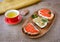 Breackfast toasts with avocado and salmon.