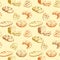 Bread. bakery seamless pattern. colorful background loaf, baguette, baked goods, croissant, cupcake, bagel.