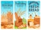Bread banners. Rye bread bakery shop, wheat baguette and croissant, cupcake and toast, cookie and bagel cartoon flayers