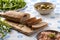 Bread with Carob powder, olives, pink salt and rucola