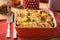 Bread casserole with chicken, spinach,eggs and cheese known as strata.