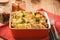 Bread casserole with chicken, spinach, eggs and cheese known as strata.
