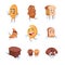 Bread characters. Cartoon cute characters of baguette croissant cookies and bakery pastries, breakfast persons with