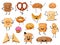 Bread characters. Funny cartoon bakery products, loaves, toasts and sweet pastry. Breakfast croissant and muffin with