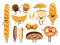 Bread characters. Funny tasty bakery pastries, cartoon happy breads faces character set, kawaii croissant and pastry