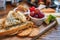 Bread, cheese, cracker, and fruit platter