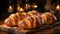 Bread. Close-up of kitchen table with plate of homemade bread.Generative AI