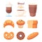bread and coffee icon illustration, bread, croissant, bake ,donut, pretzel, coffee, iced coffee, cafe menus