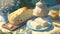bread with cream and butter,milk, flowers in vase, illustrative still life, picnic,wallpaper