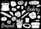 Bread doodle set. Bakery products, hand drawn baguette, croissant and bagel, line pastry cake and donut. Vector cartoon silhouette