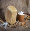 Bread and flour on sacking background