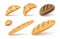 Bread icons set of Long french loaf, brown rye bread