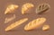 Bread icons set of Long french loaf, brown rye. Vector illustration.