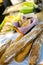 Bread and knife on wooden board