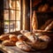 Bread loaves close up view. Fresh baked bread, traditional bakery background. Generative AI