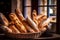 Bread loaves close up view. Fresh baked bread, traditional bakery background. Generative AI