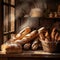 Bread loaves close up view. Fresh baked bread, traditional bakery background. Generative AI