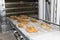 Bread loaves coming out of an industrial oven