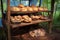 bread loaves cooling on a rack beside outdoor clay oven