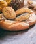 Bread loaves variety on wood. Traditional bakery concept