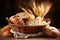 Bread and lots of fresh bread buns in a basket on a wooden table