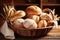 Bread and lots of fresh bread buns in a basket on a wooden table. Generative AI