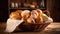 Bread and lots of fresh bread buns in a basket on a wooden table. Generative AI