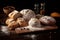 Bread with lour product photography arrangement. Ai generated