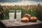 Bread with milk glasses on wooden table in nature field. Generate ai