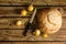 Bread, onion, knife on the table. View from above