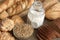 Bread, pastries, grains and pot with meal