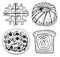 Bread and pastry donut, Belgian waffles and sweet bun or fruit pie and toasts and charlotte. engraved hand drawn in old